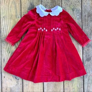 Vintage Red Velour Peter Pan Collar Ruffled Pleated Long Sleeve Christmas Dress